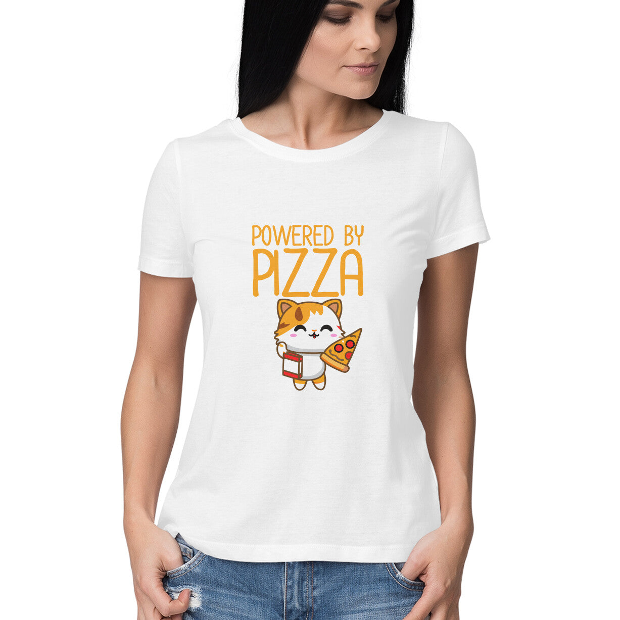 JOVIN-MV Women's Soft Comfortable Printed Regular Fit Half Sleeve Round Neck T Shirt Powered by Pizza