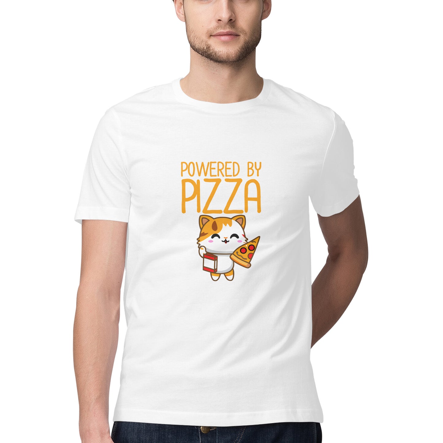 JOVIN-MV Men's Half Sleeve Round Neck T Shirt "Powered by Pizza"